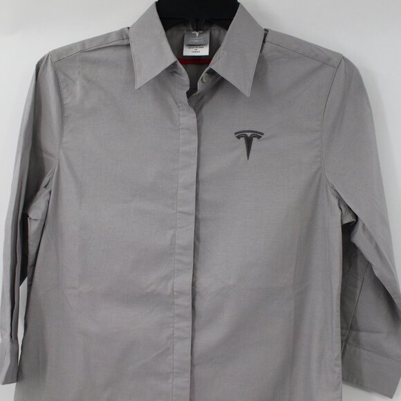 Tesla Shirt Womens XS Button Up 3/4 Sleeve Embroidered Logo Gray solid preppy - Picture 2 of 14